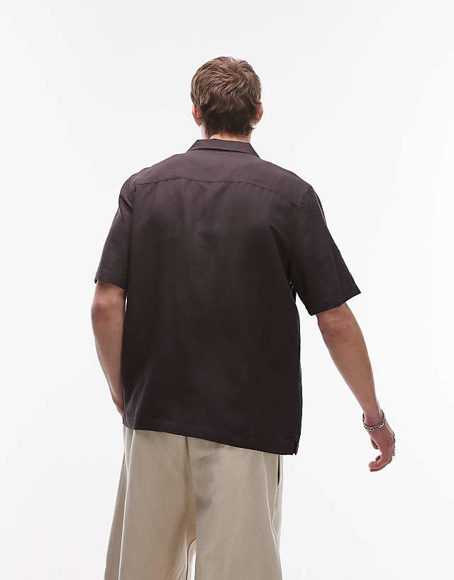 Asos Topman Regular Fit Short Sleeve Linen Blend Shirt In Black