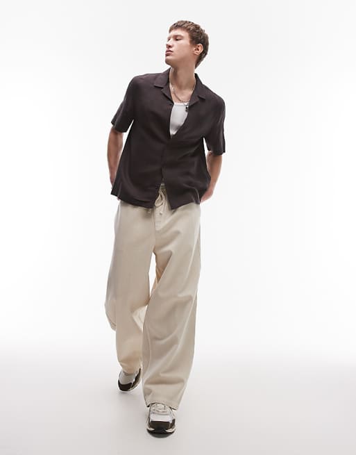 Asos Topman Regular Fit Short Sleeve Linen Blend Shirt In Black