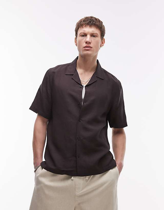asos Topman regular fit short sleeve linen blend shirt in black