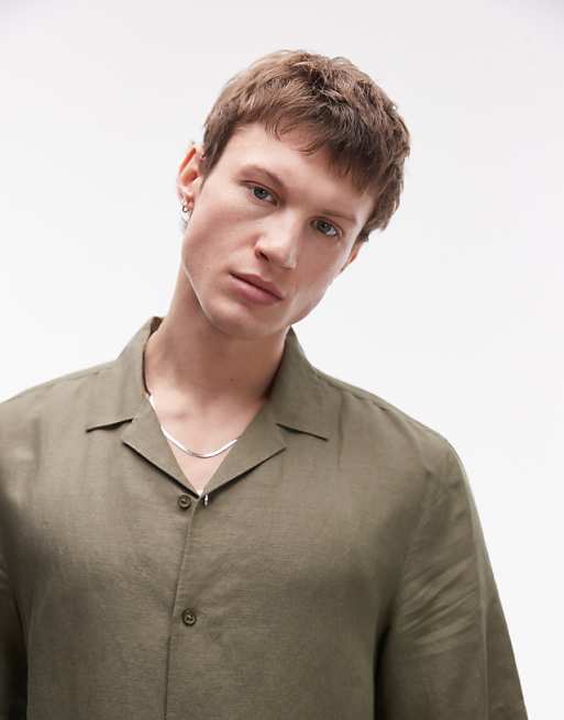 Asos Topman Regular Fit Short Sleeve Linen Blend Shirt In Khaki