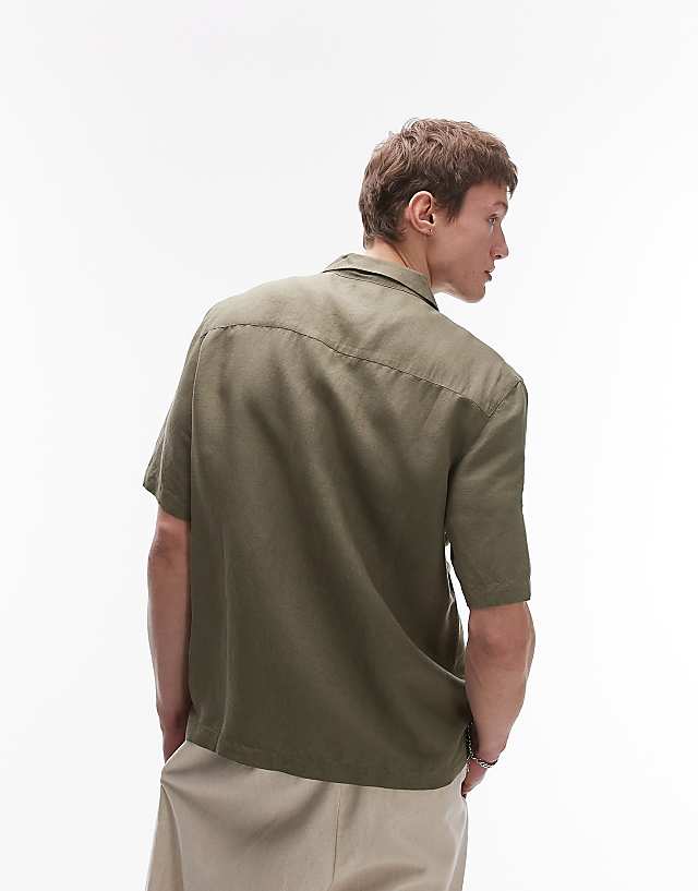 Asos Topman Regular Fit Short Sleeve Linen Blend Shirt In Khaki