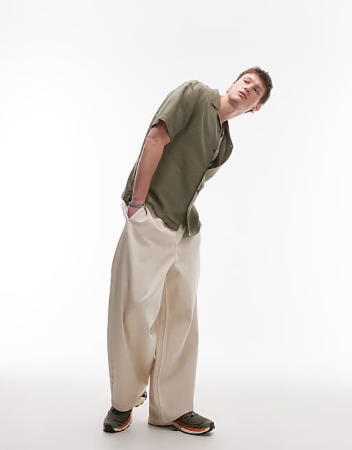 Asos Topman Regular Fit Short Sleeve Linen Blend Shirt In Khaki