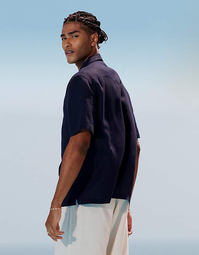 Asos Topman Regular Fit Short Sleeve Linen Blend Shirt In Navy