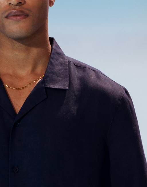 Asos Topman Regular Fit Short Sleeve Linen Blend Shirt In Navy