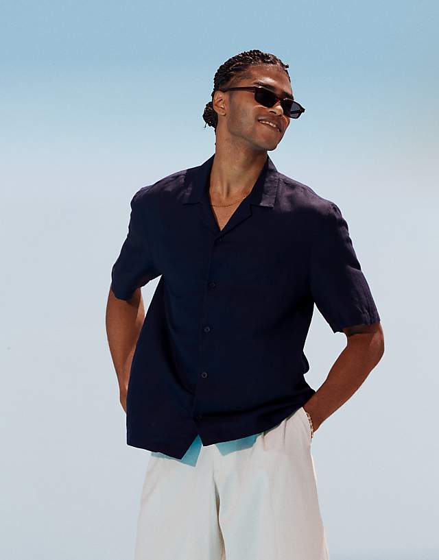 asos Topman regular fit short sleeve linen blend shirt in navy