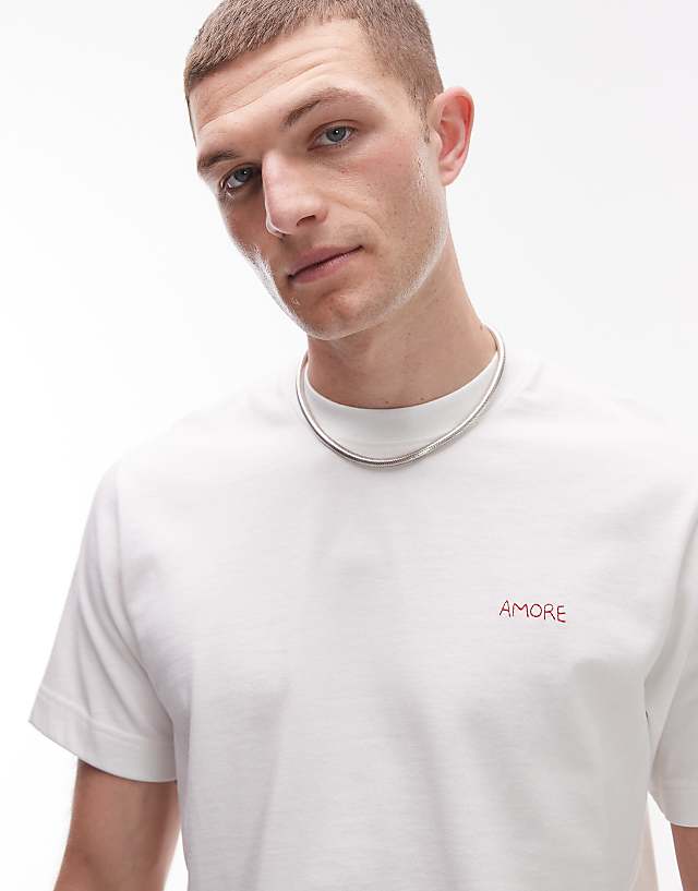 asos Topman regular fit t-shirt with Amore embroidery in ecru