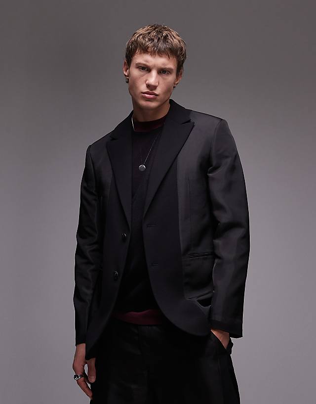 Asos Topman Relaxed Mixed Fabric Suit Jacket In Black