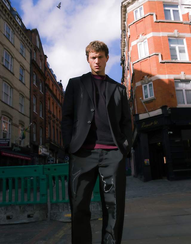 asos Topman relaxed mixed fabric suit jacket in black