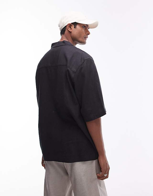 Asos Topman Short Sleeve Boxy Linen Mix Shirt In Black