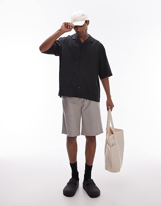 Asos Topman Short Sleeve Boxy Linen Mix Shirt In Black