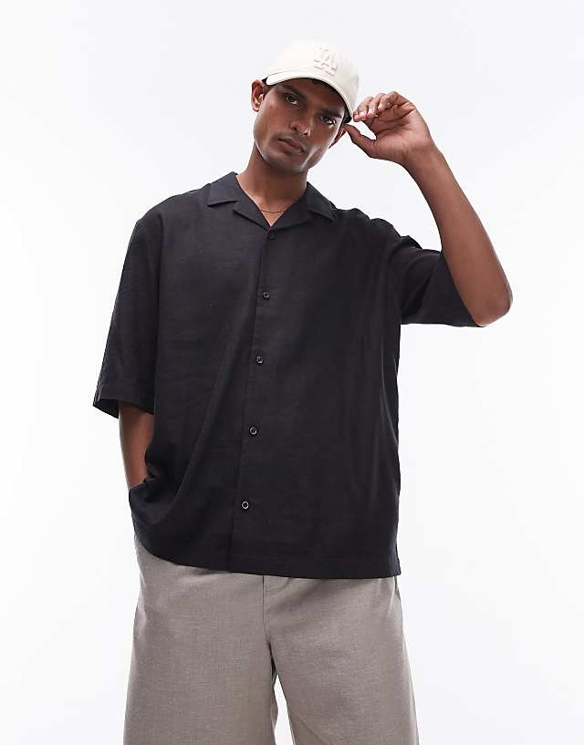 asos Topman short sleeve boxy linen mix shirt in black