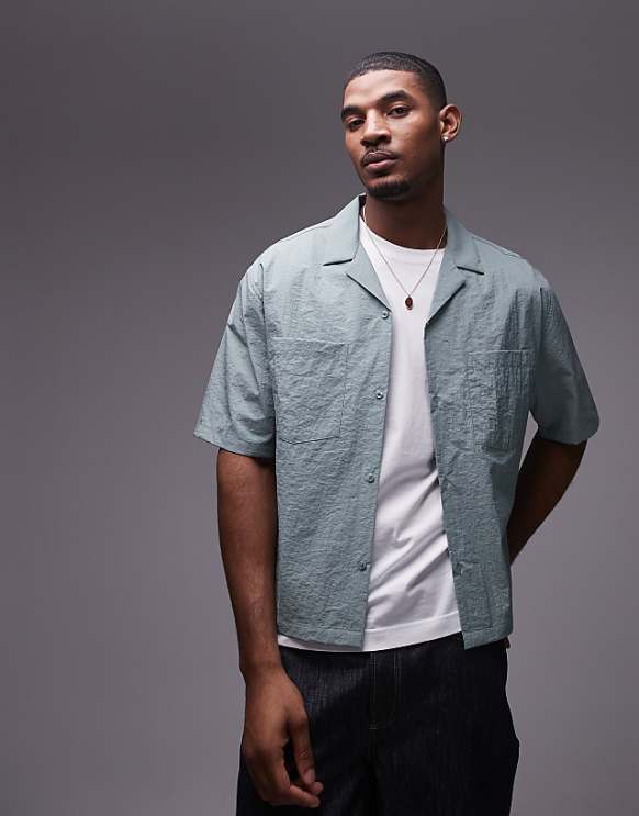 asos Topman short sleeve cropped boxy fit technical shirt in green