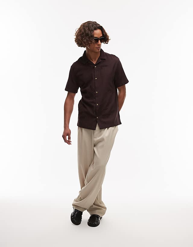 Asos Topman Short Sleeve Hand Embroidered Shirt In Chocolate
