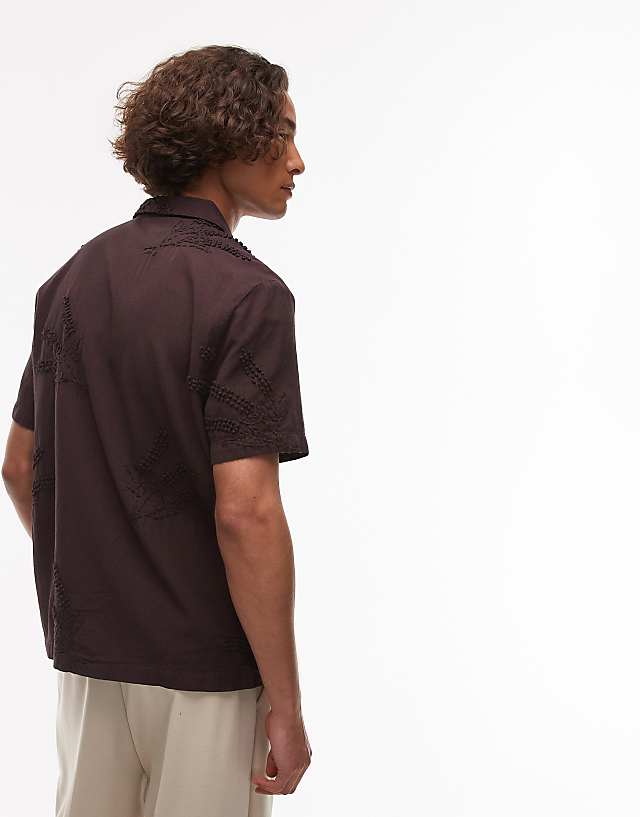 Asos Topman Short Sleeve Hand Embroidered Shirt In Chocolate