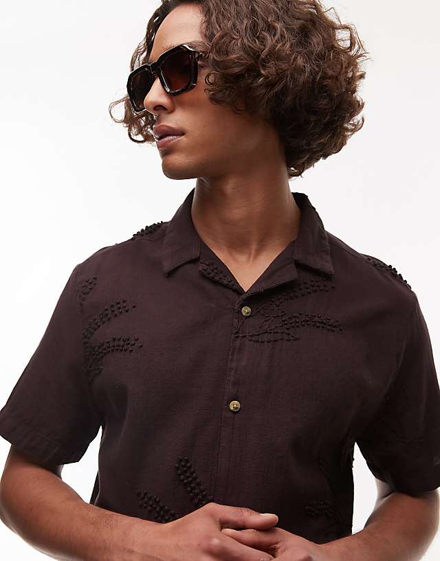 Asos Topman Short Sleeve Hand Embroidered Shirt In Chocolate