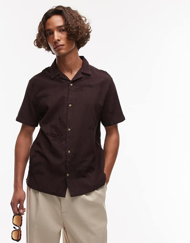 asos Topman short sleeve hand embroidered shirt in chocolate