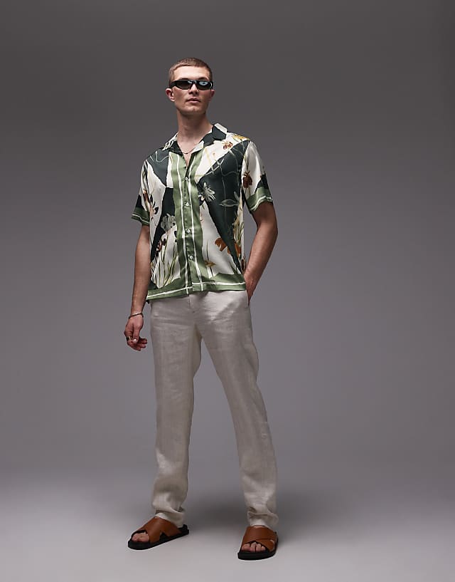 Asos Topman Short Sleeve Satin Printed Shirt In Dark Green