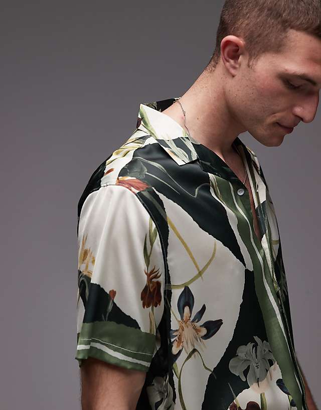 Asos Topman Short Sleeve Satin Printed Shirt In Dark Green