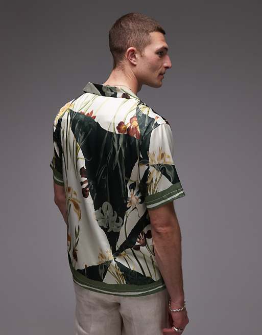 Asos Topman Short Sleeve Satin Printed Shirt In Dark Green