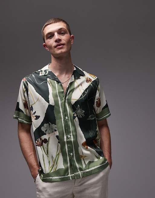 asos Topman short sleeve satin printed shirt in dark green