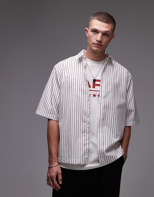 Asos Topman Short Sleeve Striped Smart Shirt In Burgundy