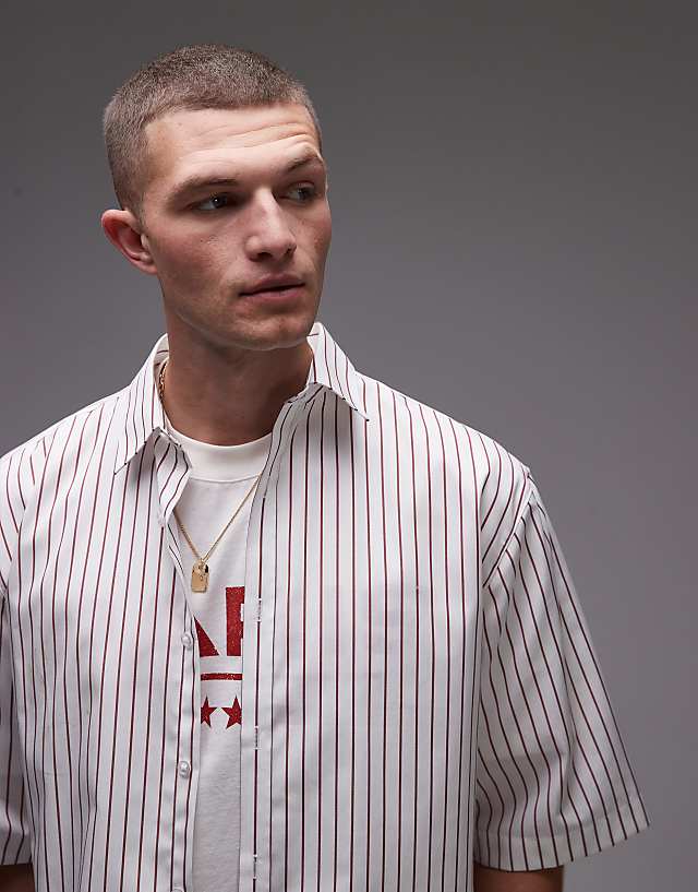 Asos Topman Short Sleeve Striped Smart Shirt In Burgundy