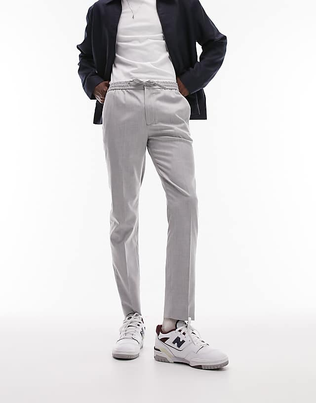 asos Topman skinny smart trousers with elastic waistband in light grey