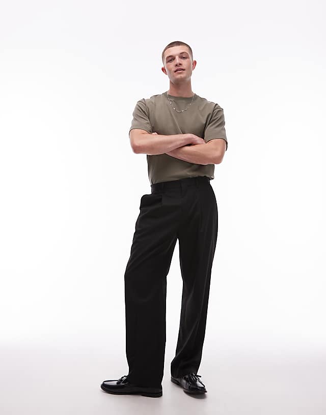 Asos Topman Smart Wide Leg Pleated Trousers In Black