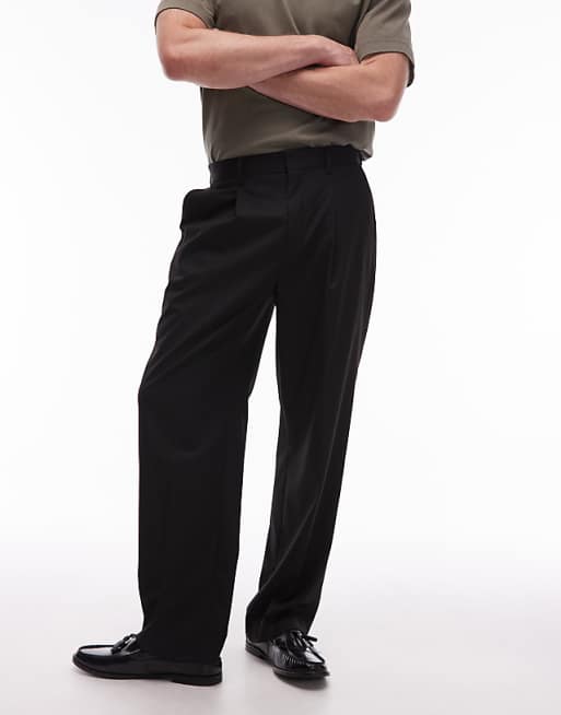asos Topman smart wide leg pleated trousers in black