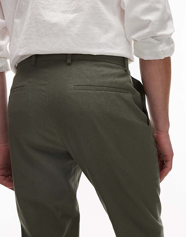 Asos Topman Straight Fit Linen Blend Suit Trouser In Khaki