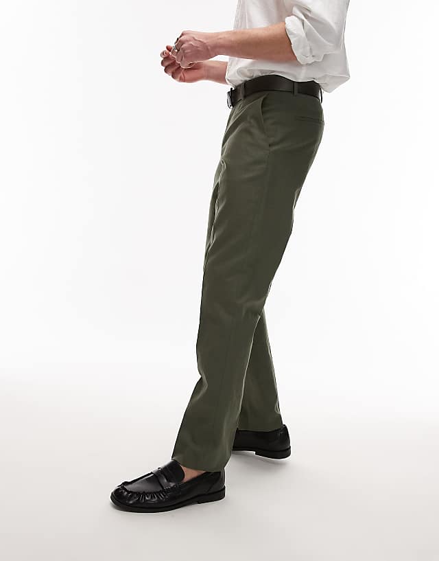 Asos Topman Straight Fit Linen Blend Suit Trouser In Khaki