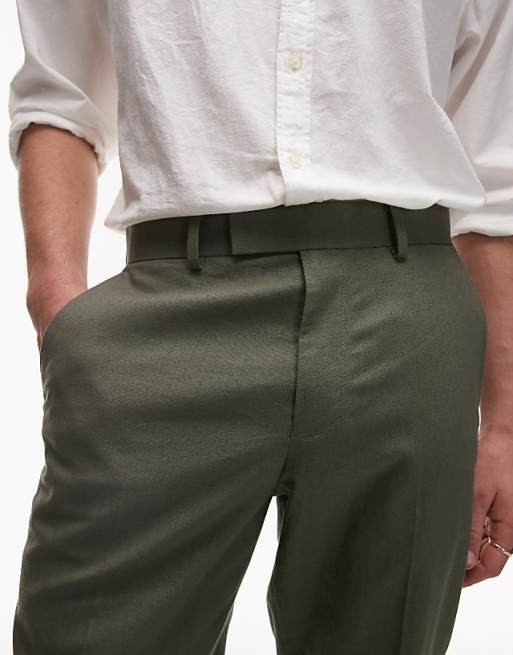 Asos Topman Straight Fit Linen Blend Suit Trouser In Khaki