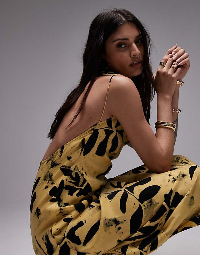 Asos Topshop Asymmetric Open Back Dress In Buttermilk Leaf Print