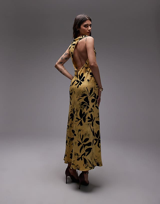 Asos Topshop Asymmetric Open Back Dress In Buttermilk Leaf Print