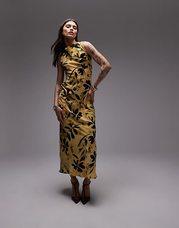 asos Topshop asymmetric open back dress in buttermilk leaf print