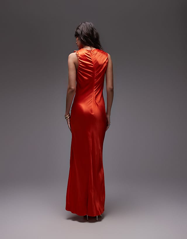 Asos Topshop Bias Ruched Arm Hole Maxi Occasion Dress In Orange