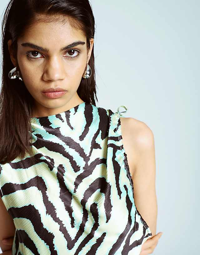 Asos Topshop Bias Ruched Arm Hole Maxi Occasion Dress In Green Zebra
