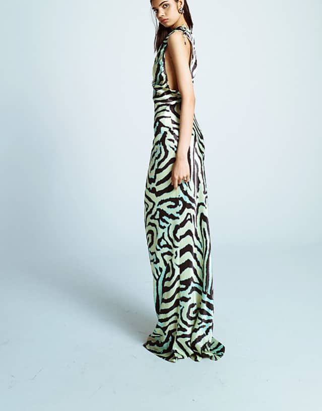 Asos Topshop Bias Ruched Arm Hole Maxi Occasion Dress In Green Zebra