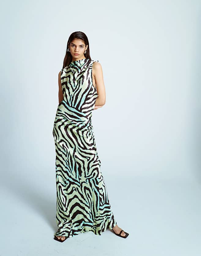 asos Topshop bias ruched arm hole maxi occasion dress in green zebra