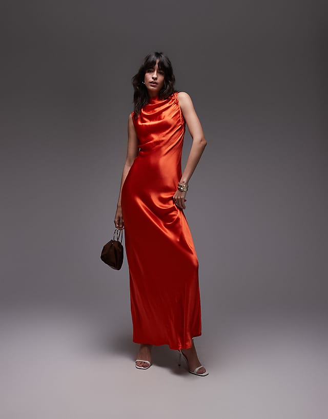 asos Topshop bias ruched arm hole maxi occasion dress in orange