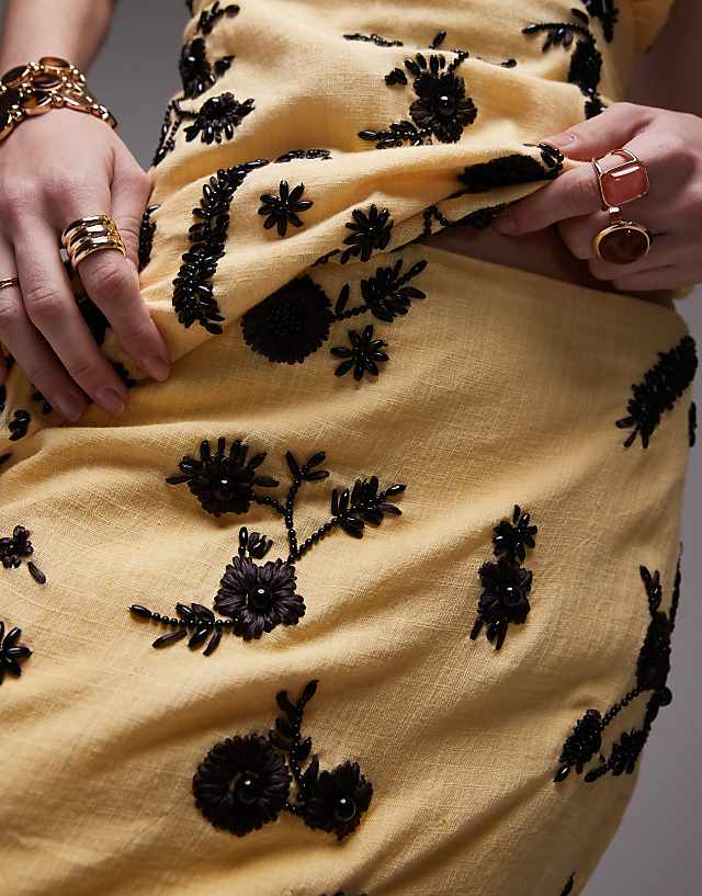 Asos Topshop Co-ord Embellished Linen Mini Skirt In Yellow