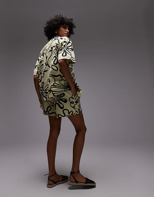 Asos Topshop Co Ord High Rise Drawcord Linen Shorts In Bright Yellow Print