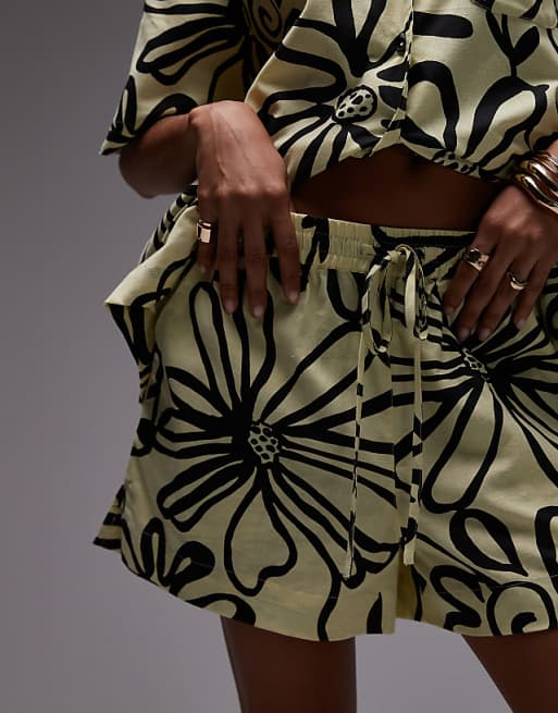 Asos Topshop Co Ord High Rise Drawcord Linen Shorts In Bright Yellow Print