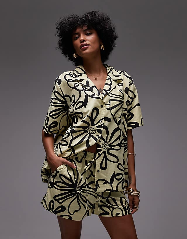 asos Topshop co ord high rise drawcord linen shorts in bright yellow print