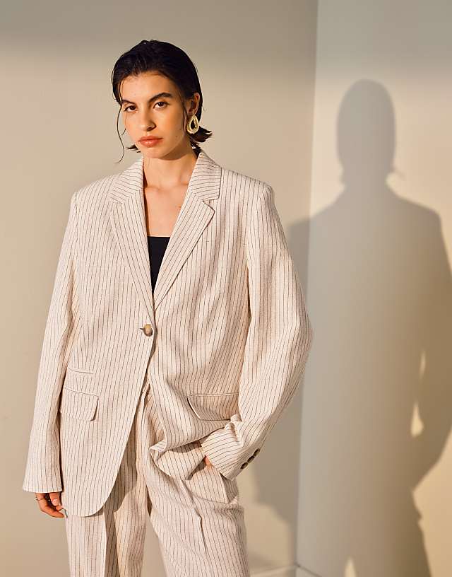 Asos Topshop Co Ord Linen 3 Piece Set In Cream Pinstripe