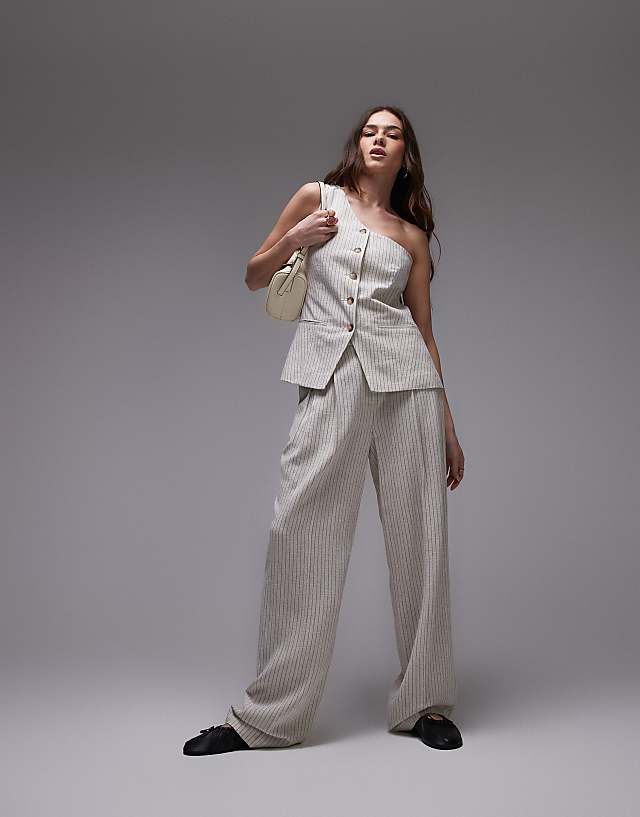 asos Topshop co ord linen 3 piece set in cream pinstripe