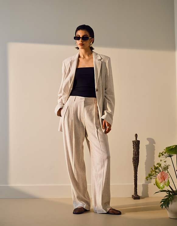 Asos Topshop Co Ord Linen 3 Piece Set In Cream Pinstripe