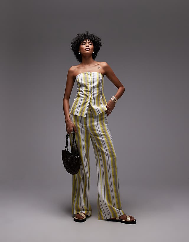 Asos Topshop Co Ord Linen Yellow Stripe Bandeau In Yellow