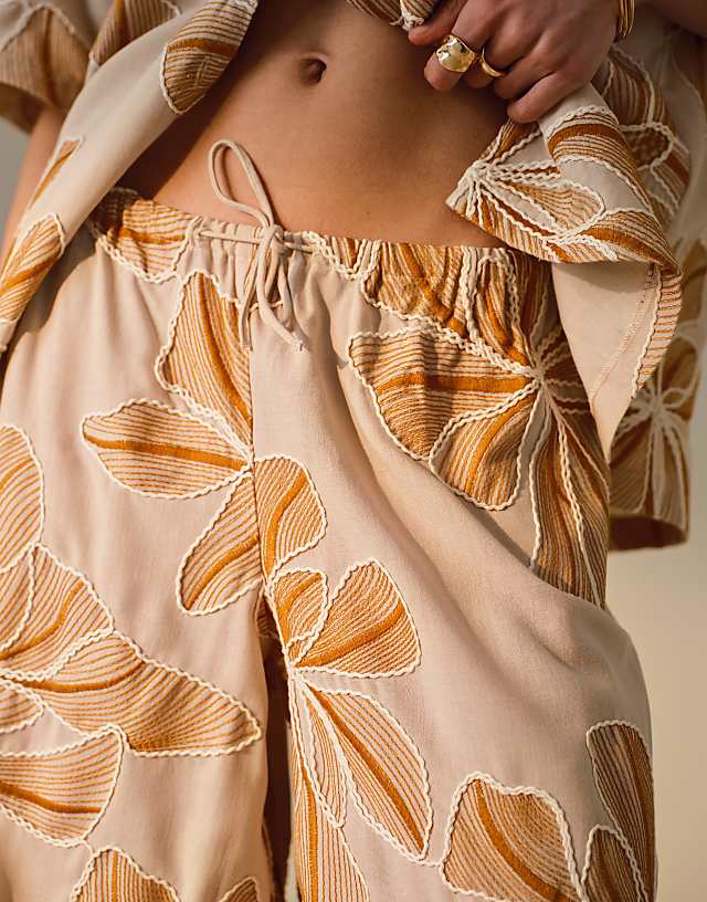 Asos Topshop Co Ord Low Rise Linen Stitch Detail Floral Trouser In Brown