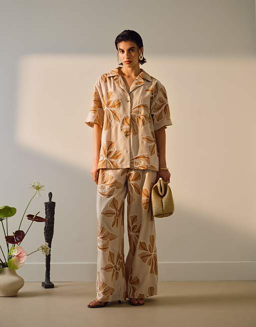 asos Topshop co ord low rise linen stitch detail floral trouser in brown